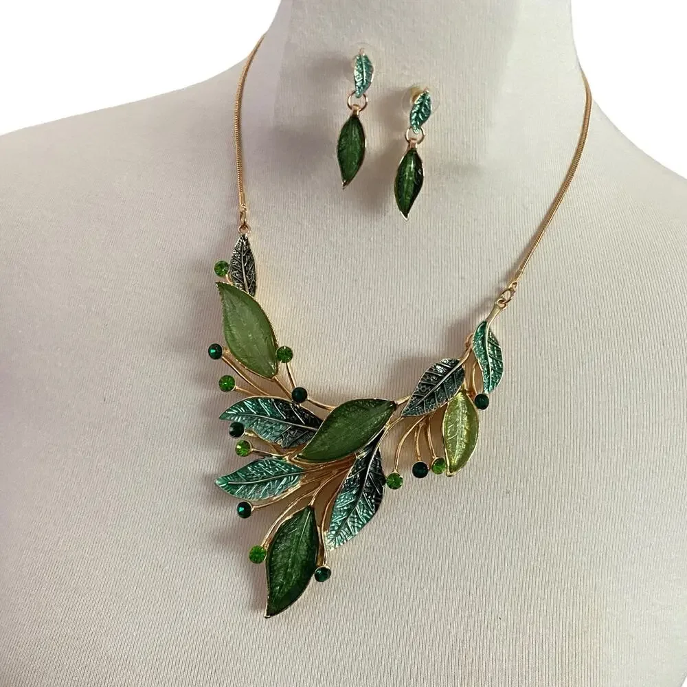 Enamel Leaf Bib Necklace & Earrings Set Green Rhinestone Gold Tone Cottagecore